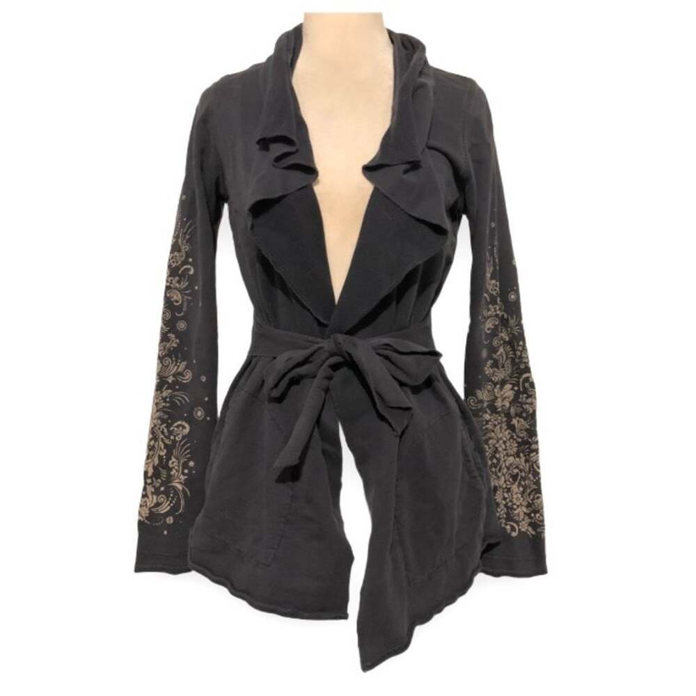 Y2k Lucky Brand Black Gray Jingo Floral Wrap Cardigan Jacket S Boho